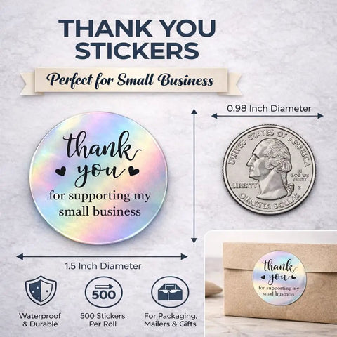Round 1.5-inch holographic sticker with 'thank you for supporting my small business' next to a quarter for size comparison.