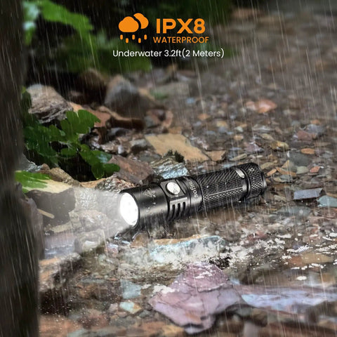 Sofirn SP10 Pro BLF Anduril2 Version Mini EDC Flashlight on wet ground, demonstrating IPX8 waterproof capability in rain