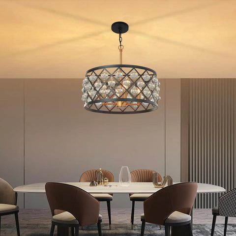 17.8 Inch Crystal Chandelier Pendant Light With Large Round Black Metal Frame And Crystal Ball Orbs over a dining table