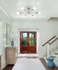 Six Light Sputnik Ceiling Light Fixture In Brushed Nickel, Semi Flush Mount, Mid Century Modern Chandelier in a hallway