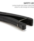 Close-up of PVC Pipe Cutter Tool With Stainless Steel Blade safety lock feature for secure storage and transport.