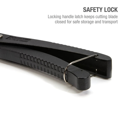 Close-up of PVC Pipe Cutter Tool With Stainless Steel Blade safety lock feature for secure storage and transport.