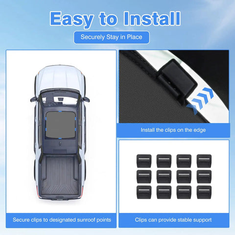 Premium Foldable Sunroof Shades For 2024 2025 2026 Chevy Silverado EV And GMC Sierra EV installation clips placed on sunroof edges.