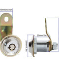 Side view of 12 Pack Tubular Cam Lock Set 1-1/8 Inch Cylinder, 90 Degree Cabinet Locks showing dimensions, chrome finish zinc alloy.