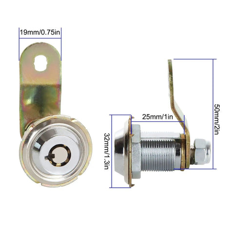 Side view of 12 Pack Tubular Cam Lock Set 1-1/8 Inch Cylinder, 90 Degree Cabinet Locks showing dimensions, chrome finish zinc alloy.