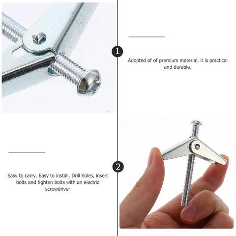 Close-up of Heavy-Duty Drywall Toggle Bolts Kit with M6 iron bolts and wing nuts for secure wall mounting.