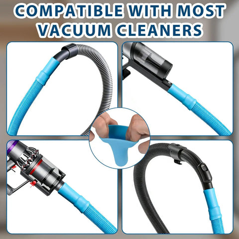 Universal Dryer Vent Cleaning Kit with vacuum hose attachments showing compatibility with various vacuum cleaners.