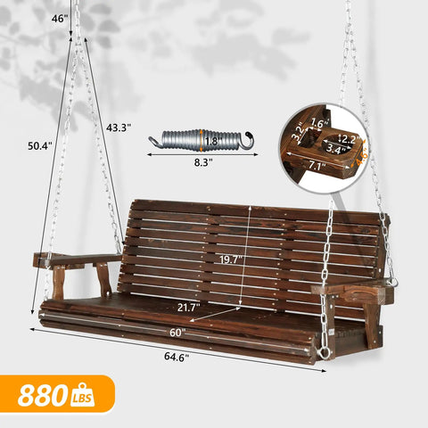 Oversized Wooden Porch Swing Bench With Cup Holders And Phone Slots Heavy Duty 880 Pounds Capacity 5 Foot Rustic Outdoor Hanging Swing With Chains For Yard Garden And Lawn Upgraded Seat Depth 21.7 Inches And Backrest 19.7 Inches shown with dimensions