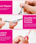 Manicure Kit For Women With Pro Nail Files And Buffers, showing nail nipper, double end cuticle pusher, and cuticle peeler in use.