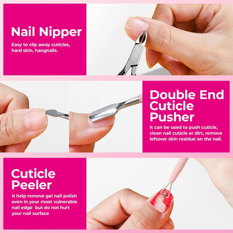 Manicure Kit For Women With Pro Nail Files And Buffers, showing nail nipper, double end cuticle pusher, and cuticle peeler in use.