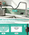 HEROBAI Waterfall Kitchen Faucets with Glass Rinser &Sprayer Brushed Nickel shown with flexible 360° swiveling pull-down feature.