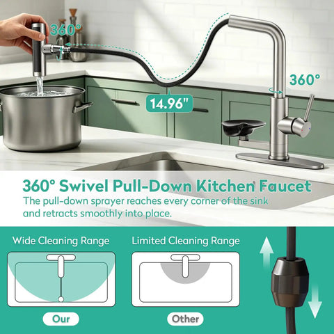 HEROBAI Waterfall Kitchen Faucets with Glass Rinser &Sprayer Brushed Nickel shown with flexible 360° swiveling pull-down feature.