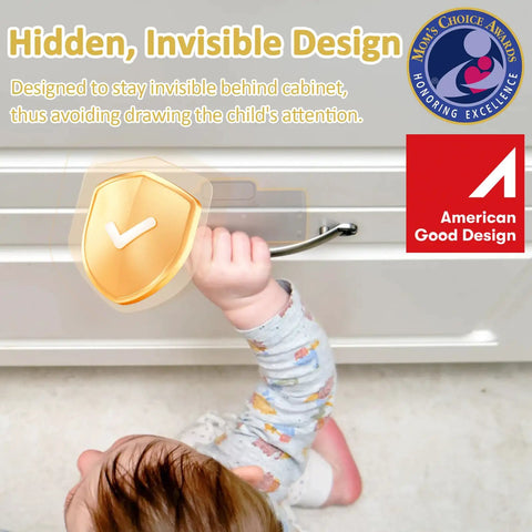 Child attempting to open a cabinet with hidden RFID NFC Smart Cabinet Lock with Bluetooth App for hidden drawer lock