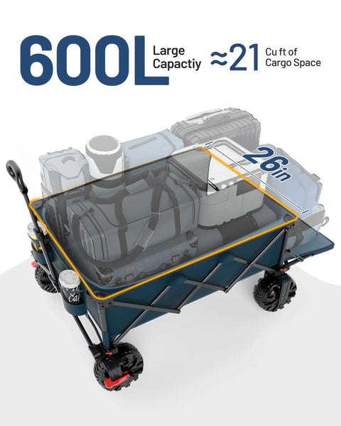 Beast Wagon 600L Folding Utility Wagon with extra wide 26 inch wheels showcasing large 600L capacity for camping gear and supplies.