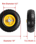 10 Inch Solid Rubber Wheel Replacement With 5/8 Inch Bearings And 2.1 Inch Offset Hub for Hand Trucks, shown front and side view