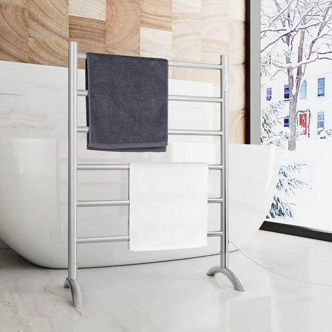 Freestanding 6 Bar Towel Warmer With Plug-In Option, 3 Modes, Brushed Stainless Steel in bathroom setting