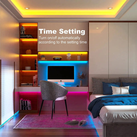 Modern bedroom with 32.8Ft RGB LED Strip Lights For Bedroom With Music Sync 5050 Color Changing Tape Lights