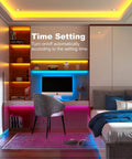LED Strip Lights for Bedroom 100ft Bluetooth App Control with 44 Key IR Remote Music Sync Color on TV Backdrop in modern room