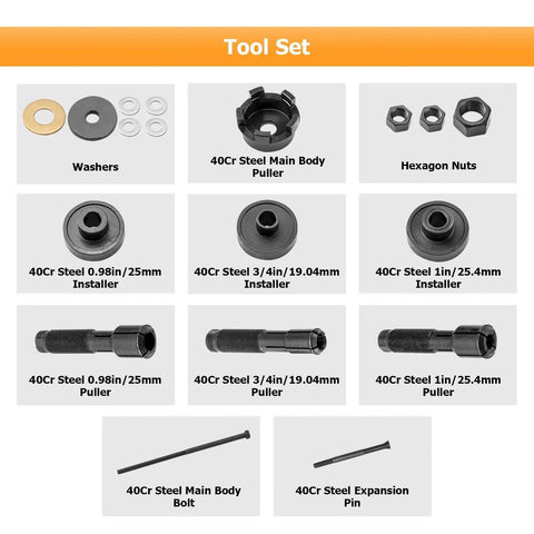 Pro Grade Heavy Duty Wheel Bearing Puller Kit components including washers, nuts, pullers, and installers for Harley motorcycles.