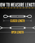 How to measure length of the Rock Solid 2 Inch X 24 Inch Eye To Eye Galvanized Turnbuckle Rated 37000 Pounds with closed and open length indicators.
