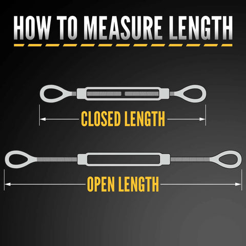 How to measure length of the Rock Solid 2 Inch X 24 Inch Eye To Eye Galvanized Turnbuckle Rated 37000 Pounds with closed and open length indicators.