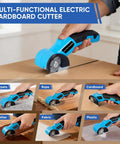 Heavy Duty Cordless Electric Scissors With Led Light Upgraded Power 0.35 Inch Blade Cuts Cardboard And Fabric Fast Three Hundred Sixty Rpm Fast Rechargeable Battery Easy Grip Handle For Home And Office Crafting in use on cardboard.