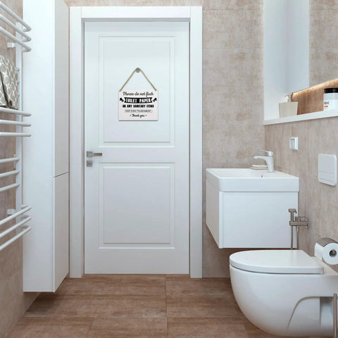 Do Not Flush Anything Except Toilet Paper Sign hanging on bathroom door, rustic farmhouse style, solid wood, 9.8x7.8 inches.