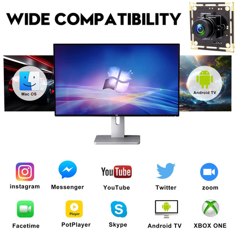 5MP USB Camera Module With 2.1mm Wide Angle Lens Delivers Huge Coverage For Machine Vision And Inspection And Monitoring 2592x1944 CMOS Sensor Plug And Play Webcam Compatible With Windows Linux MacOS And Raspberry Pi displayed on screen with wide compatibility icons