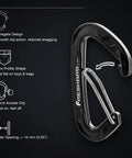 Heavy Duty Wire Gate Carabiner Clip Set 7075 Aluminum Lightweight Mini Carabiners 5 Pack For Keychain Belt Loop Outdoor Backpack Gym Use Built Tough And Ready To Clip, close-up of black carabiner showing wiregate design and measurements.