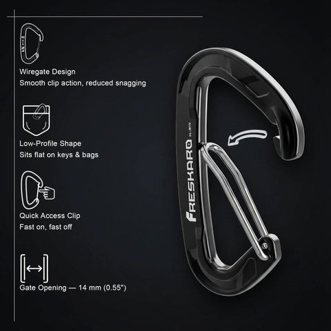 Heavy Duty Wire Gate Carabiner Clip Set 7075 Aluminum Lightweight Mini Carabiners 5 Pack For Keychain Belt Loop Outdoor Backpack Gym Use Built Tough And Ready To Clip, close-up of black carabiner showing wiregate design and measurements.