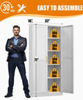 Built Like A Tank Super Tall Steel Pantry Cabinet With Double Doors And Four Shelves Kitchen Storage Saver, 71 inches tall, 32 inches wide.