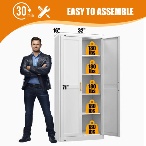 Built Like A Tank Super Tall Steel Pantry Cabinet With Double Doors And Four Shelves Kitchen Storage Saver, 71 inches tall, 32 inches wide.