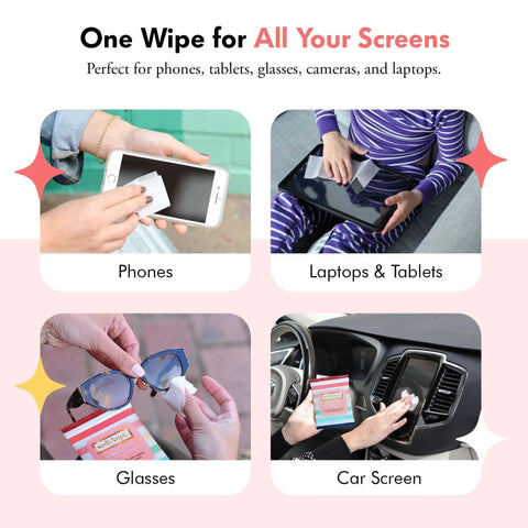Collage showing uses of Tech And Lens Wipes For Eyeglasses Screens And Phones On The Go Streak Free Lint Free Pre Moistened Multi Surface Cleaner.