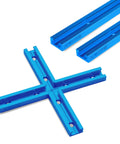 Two 24 Inch Universal T Track Pieces With Intersection Kit for woodworking jigs in blue aluminum, showing predrilled holes.