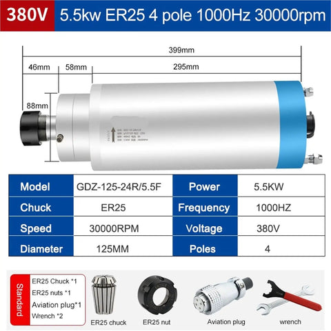 Top Shelf 5.5KW 380V Water Cooled CNC Milling Spindle With ER25 And ER32 Tool Holders For Precise Metal Engraving And Industrial Cutting Jobs Built Tough To Crush Every Project Without Breaking A Sweat diagram and specifications