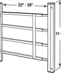 21 Inch White Painted Carbon Steel Hinged 4 Bar Window Grill With Quick Release Inside Frame Mount For Easy Emergency Removal And Durable Home Window Security showing dimensions of 22-38 inches wide and 21-1/4 inches tall
