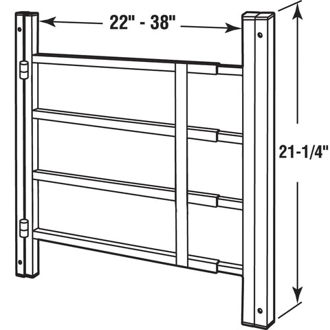 21 Inch White Painted Carbon Steel Hinged 4 Bar Window Grill With Quick Release Inside Frame Mount For Easy Emergency Removal And Durable Home Window Security showing dimensions of 22-38 inches wide and 21-1/4 inches tall