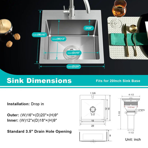 Diagram of 20 Inch Drop In Kitchen Sink in Stainless Steel with Brushed Nickel Finish, showing dimensions and installation details.