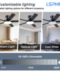Modern 52 Inch Low Profile Ceiling Fan With Nifty Smart App And Wireless Remote Boasting Reversible Five Blades For Killer Airflow And Dimmable 3CCT Led Lights showing customizable lighting options.