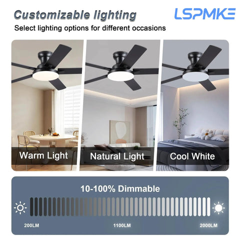 Modern 52 Inch Low Profile Ceiling Fan With Nifty Smart App And Wireless Remote Boasting Reversible Five Blades For Killer Airflow And Dimmable 3CCT Led Lights showing customizable lighting options.