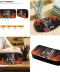 Kid Friendly Flame Red White Tractor Themed Backpack Set With Insulated Lunch Bag Water Bottle Holder And Pencil Case Durable Farm Style School Ready For Field Trips And Rural Gifts showing a flame-patterned pencil case.