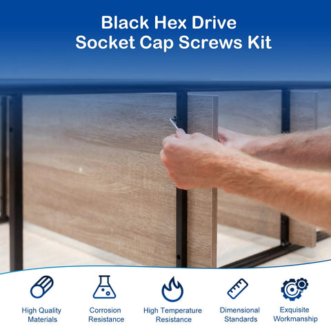 Person assembling furniture with 35 Sets Black M6 Hex Drive Socket Cap Bolts Screws Kit for Furniture and Cabinets.