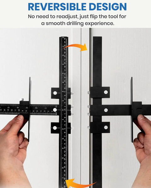 Aluminum Alloy Cabinet Hardware Jig Tool Set With Automatic Center Punch 14 Piece Adjustable Drill Guide in use on cabinet door