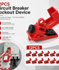 12 Pack Circuit Breaker Lockout Kit Clamp On For Single Pole Panels Fits 20 To 50 Amp Breakers 120 To 277 Volt Lockout Device For Electrical Panels OSHA Compliant Safety Lockout Tagout Gear in multiple views.