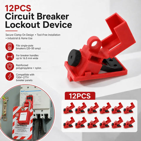 12 Pack Circuit Breaker Lockout Kit Clamp On For Single Pole Panels Fits 20 To 50 Amp Breakers 120 To 277 Volt Lockout Device For Electrical Panels OSHA Compliant Safety Lockout Tagout Gear in multiple views.