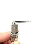 Hand holding Coin-Style Spark Plug Gap Tool For Quick Checks, 0.020-0.100 In Gap Range, Plated Steel Build shown in use