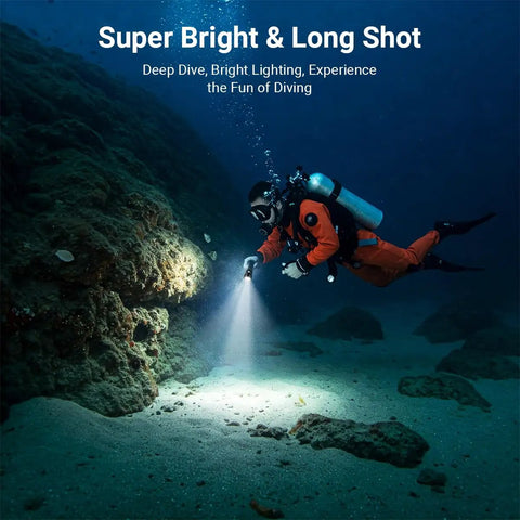 Diver using Beast Mode Underwater Dive Flashlight With 2000 Lumens, 873 Ft Beam, Rechargeable IPX8 Waterproof Torch For Snorkeling