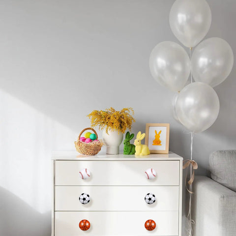 Eight Pcs Sports Ball Dresser Knobs For Kids Baseball Basketball Football Soccer Drawer Pulls With Screws Cabinet Handles For Nursery Decor Kid Friendly Classic Style on white dresser