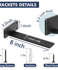 Six Pack 8 Inch Floating Shelf Brackets Set Beefy Black Metal L Supports with screws and anchors, dimensions detailed