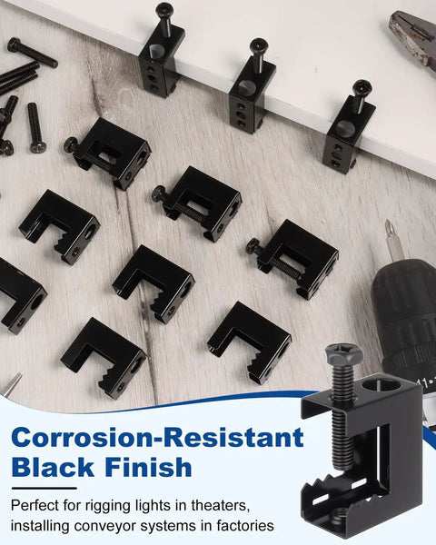 Heavy Duty Spring Steel Beam Clamps For Beams And Threaded Rods One Quarter Inch Twenty Thread Clamps in black finish